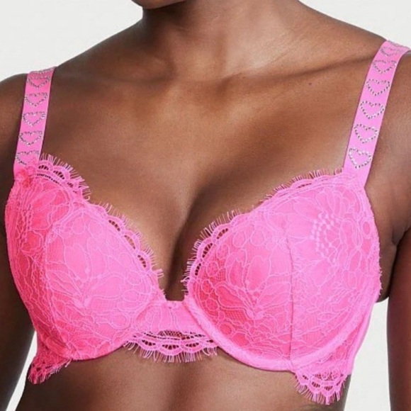 Victoria's Secret Very Sexy Shine Strap Push-Up Bra Lace Hot Pink Heart Size 38C - Picture 1 of 6